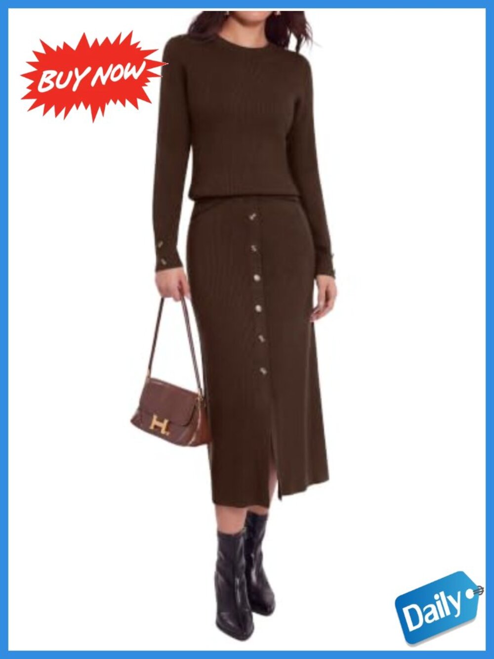 Knit 2 Piece Sweater Skirt Set Crew Neck Midi Casual Fall Winter
